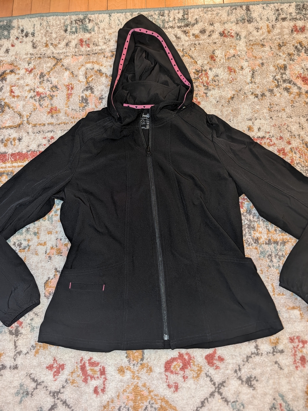 HeartSoul Women's M Black Hooded Scrub Jacket Pink Trim Snap Hood Work